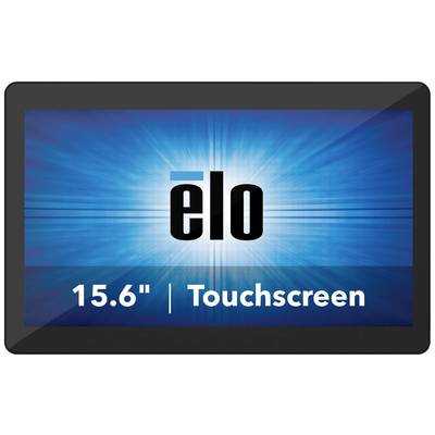 Ein Touchscreen-Monitor mit 15,6 Zoll Bildschirmgröße. Markenlogo 'ELO' prominent in der Mitte auf blauem Hintergrund dargestellt.