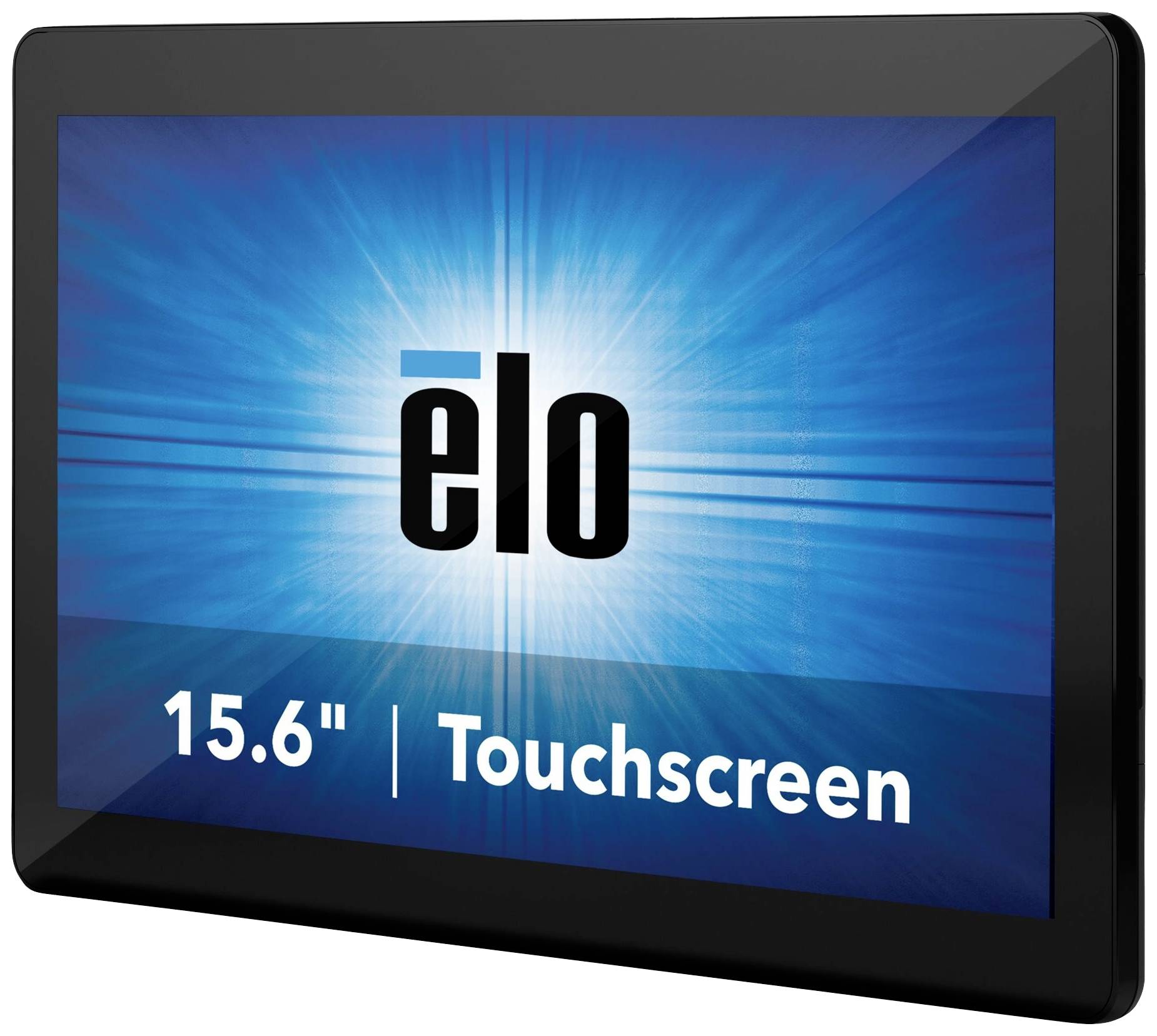 Ein schwarzes 15,6-Zoll-Touchscreen-Display mit dem Elo-Logo auf einem blauen Hintergrund.