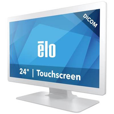 Ein 24-Zoll-Touchscreen-Monitor mit blauem Hintergrund und der Aufschrift 'elo'. Marke in der rechten oberen Ecke des Bildschirms.