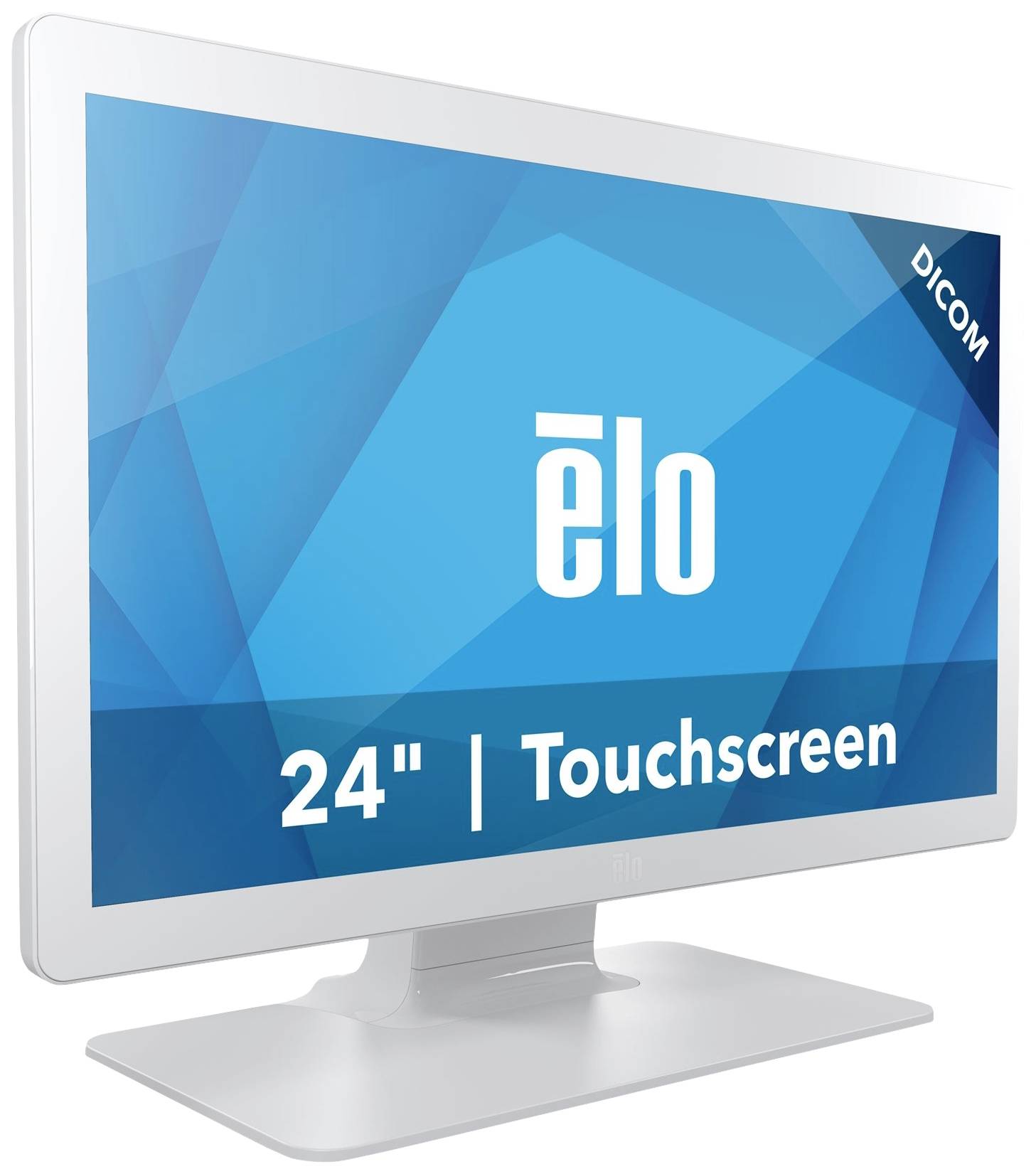 Ein 24-Zoll-Touchscreen-Monitor von Elo mit blauem geometrischen Hintergrund und Schriftzug 'DICOM'.