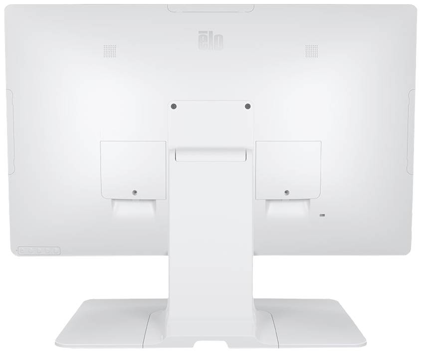 Rückansicht eines weißen Monitors auf einem Standfuß, ohne sichtbare Kabel. Der Fokus liegt auf der schlanken, minimalistischen Gestaltung.