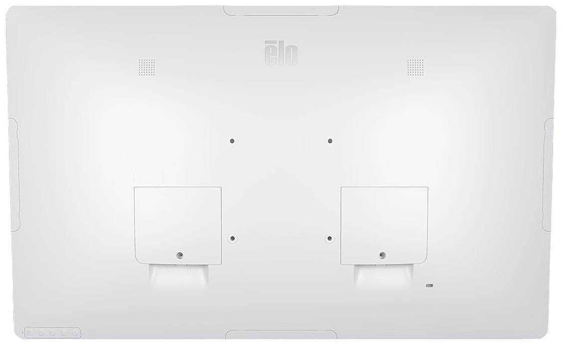 Rückseite eines weißen Monitors mit Wandhalterungsanschlüssen, zwei Lautsprechern und Logo oben in der Mitte.
