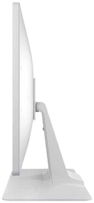 Seitenansicht eines Computermonitors mit schlankem, ergonomischem Design. Der Monitor steht auf einem stabilen, verstellbaren Standfuß.