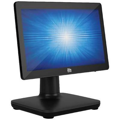 Ein schwarzer Touchscreen-Monitor auf einem stabilen Standfuß, zeigt ein blaues, strahlenförmiges Muster auf dem Bildschirm.