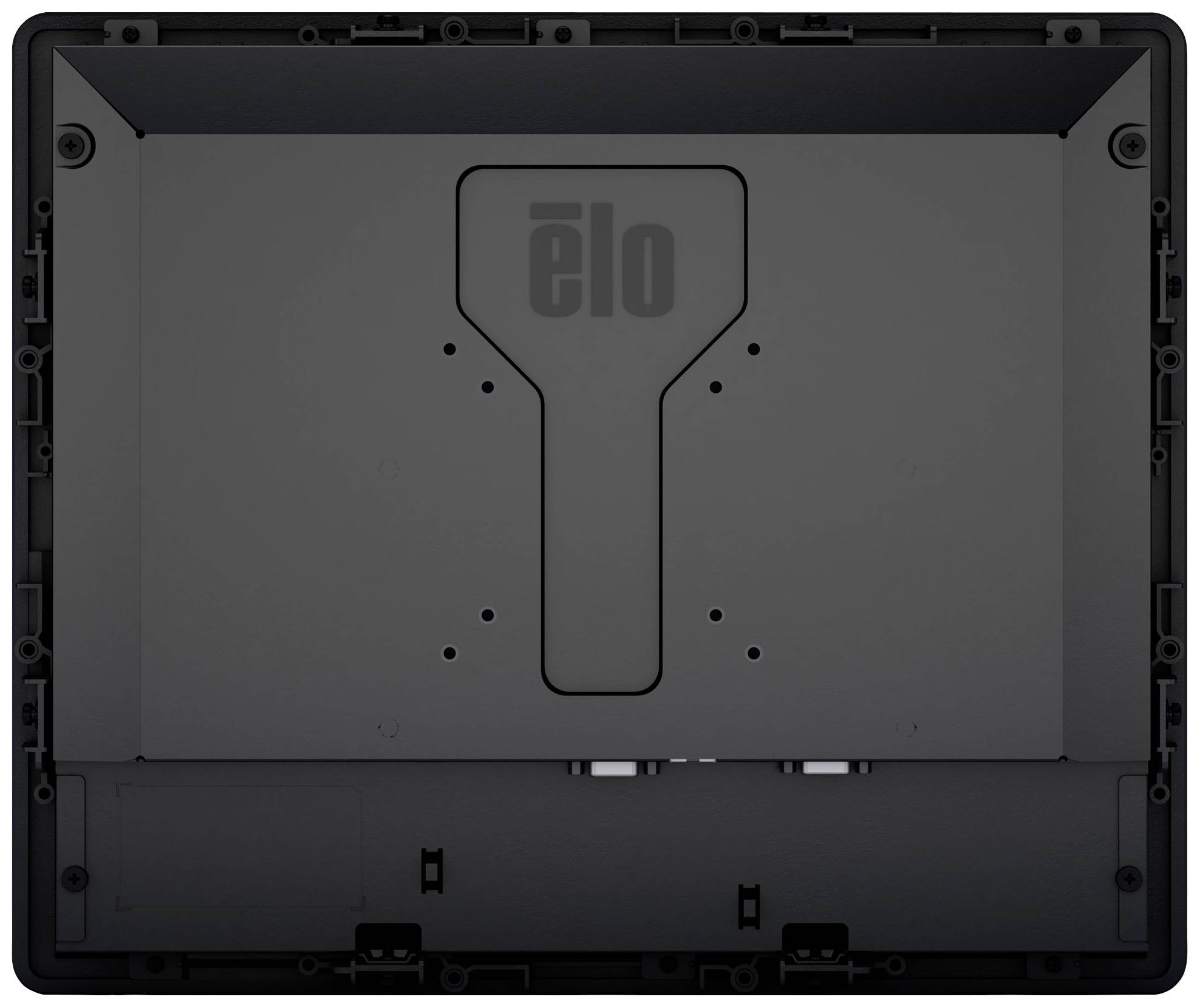 Ein schwarzes rechteckiges Display mit 'elo'-Logo in der Mitte. Es liegt horizontal mit der Rückseite sichtbar.