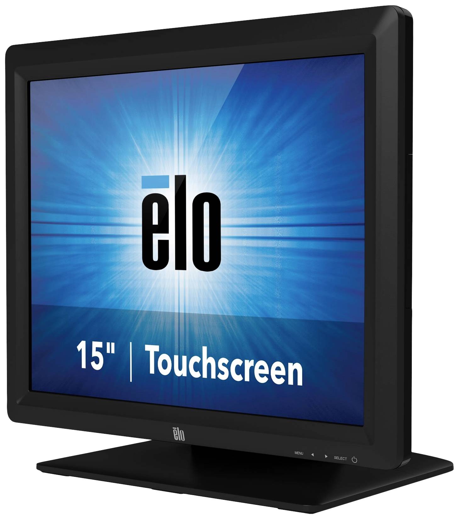 Ein 15-Zoll-Touchscreen-Monitor mit schwarzem Rahmen. Das Display zeigt das Logo 'elo' vor einem blauen strahlenförmigen Hintergrund.