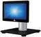 Ein schwarzer Touchscreen-Monitor mit einer blauen, strahlenden Anzeige steht auf einem stabilen, silbernen Standfuß.