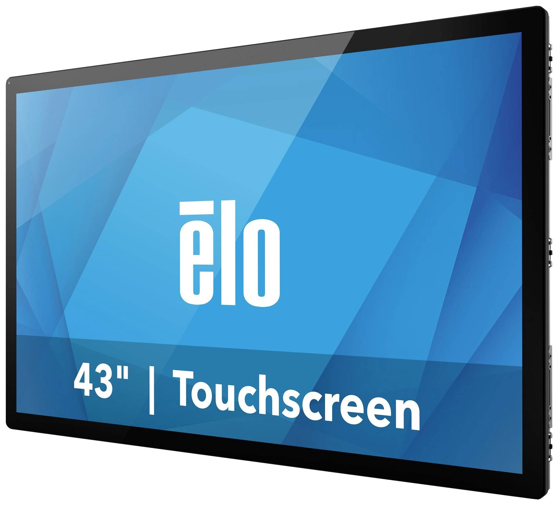 Ein großer 43-Zoll-Touchscreen-Monitor mit dem Logo 'elo' auf einem blauen Hintergrund.