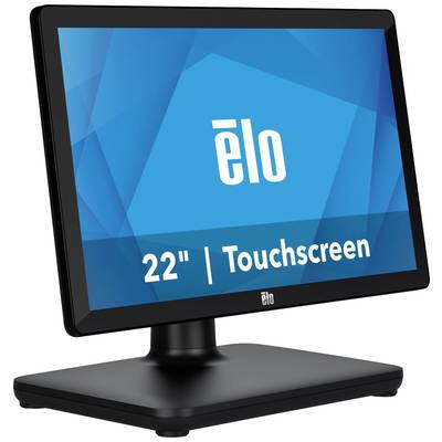 Ein schwarzer 22-Zoll-Touchscreen-Monitor der Marke 'Elo' vor blauem Hintergrund mit geometrischem Muster.