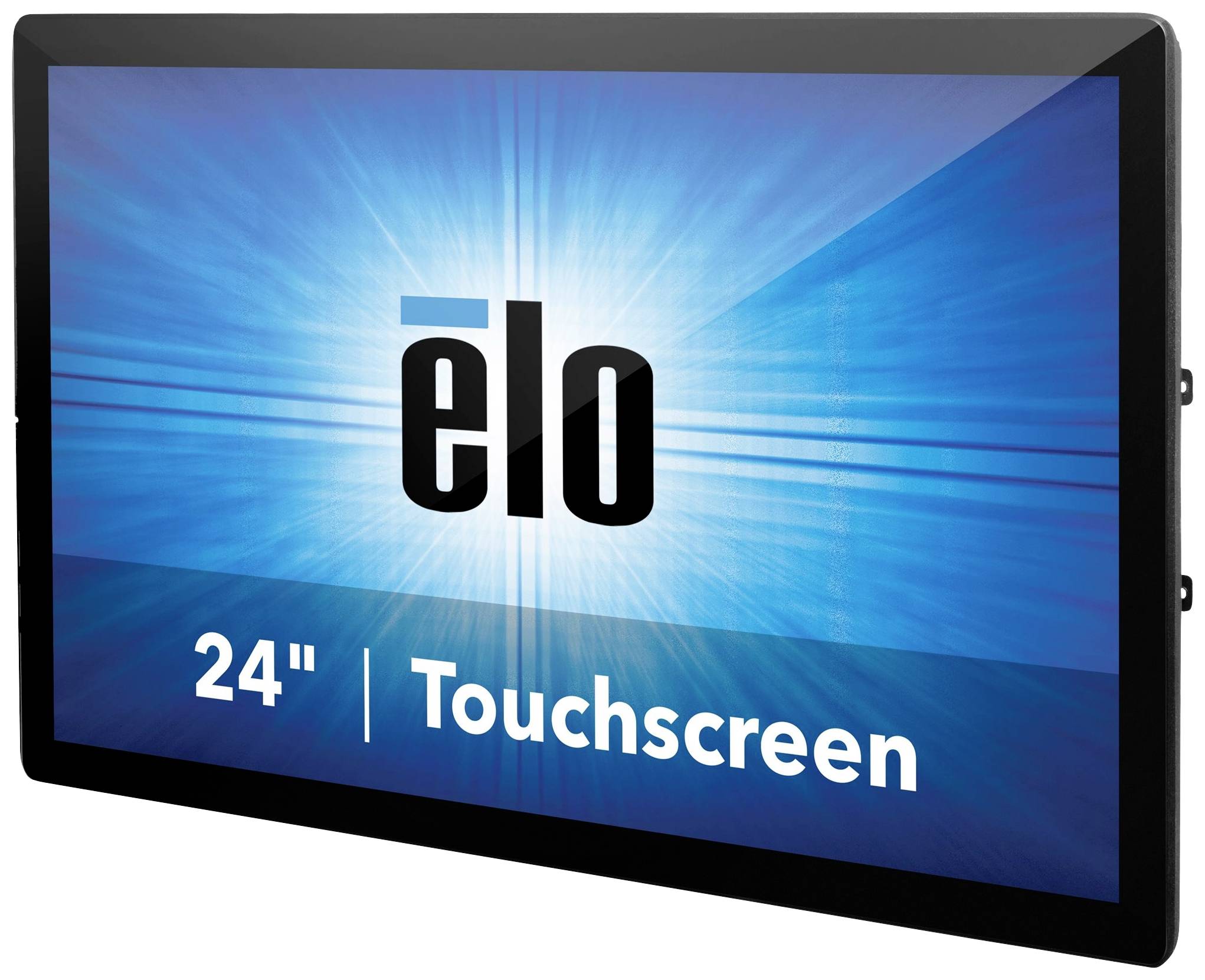 Ein 24-Zoll-Touchscreen-Monitor mit schwarzem Rahmen wird schräg von der Seite dargestellt, mit hellblauem Hintergrund und 'elo'-Logo.