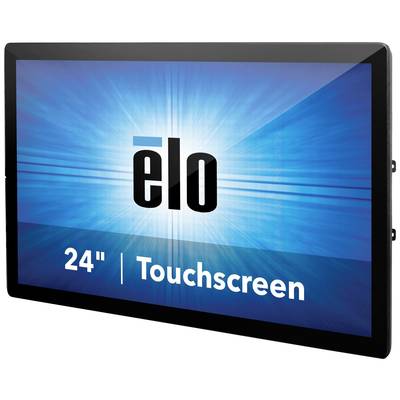 Ein 24-Zoll-Touchscreen-Monitor mit schwarzem Rahmen wird schräg von der Seite dargestellt, mit hellblauem Hintergrund und 'elo'-Logo.