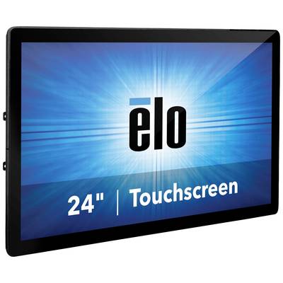 Ein schwarzer Rahmen mit einem blau leuchtenden Bildschirm, auf dem 'elo' steht. Unten links steht '24 Zoll | Touchscreen'.
