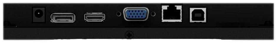 Rückseite eines Geräts mit Anschlüssen: Netzteil, HDMI, Mini DisplayPort, VGA, DSL, USB und Ethernet, geeignet für Audio/Video/Netzwerk.