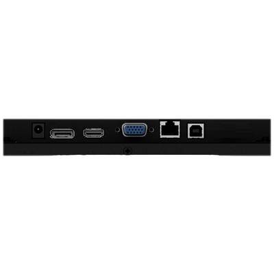 Rückseite eines Geräts mit Anschlüssen: Netzteil, HDMI, Mini DisplayPort, VGA, DSL, USB und Ethernet, geeignet für Audio/Video/Netzwerk.