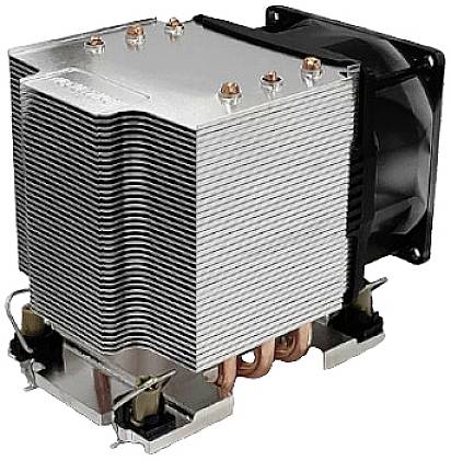 Ein Computer-CPU-Kühler mit einem großen Kühlkörper und Lüfter, der zur Wärmeableitung dient.
