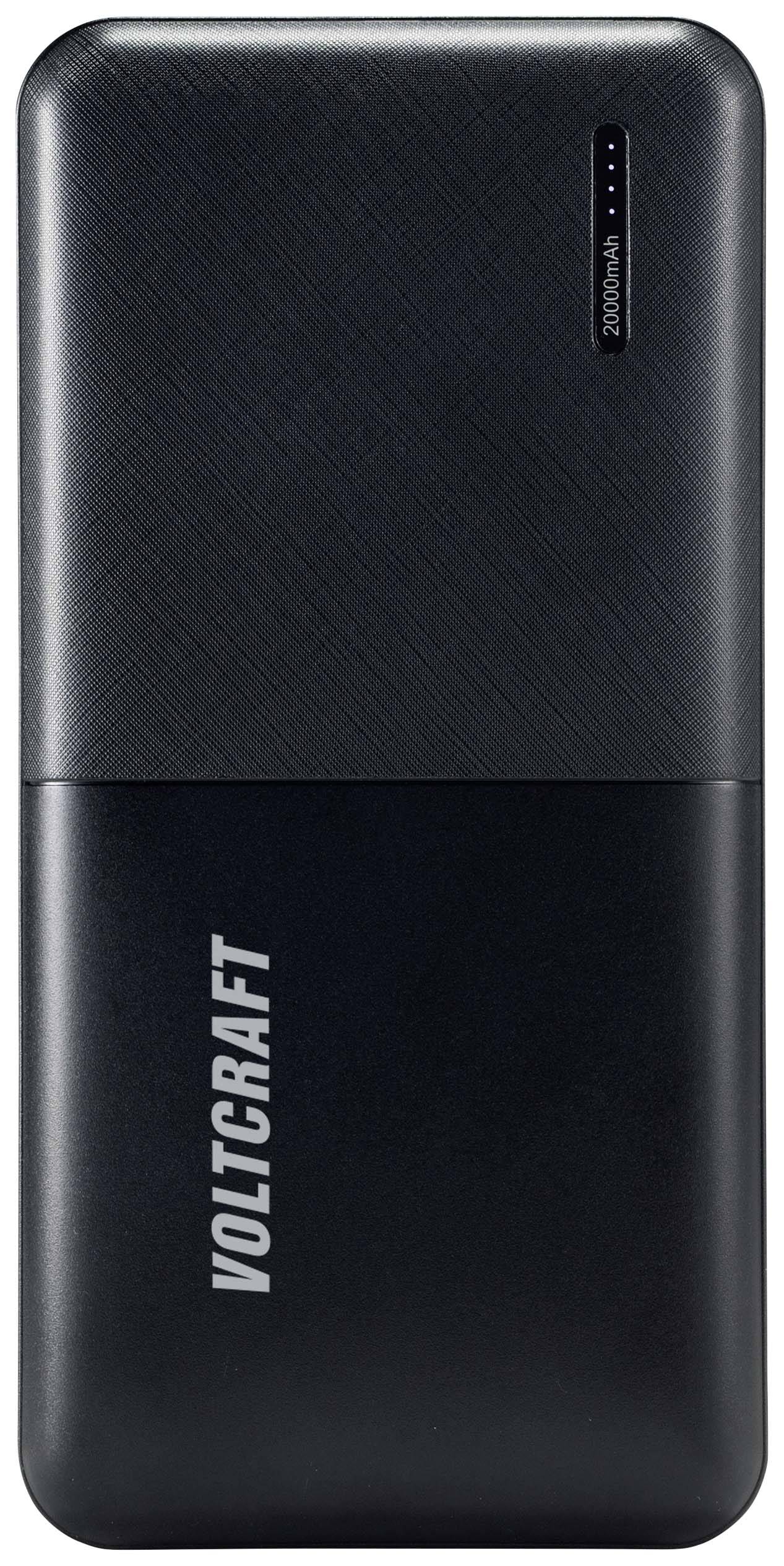 Schwarze Powerbank der Marke Voltcraft mit Kapazität von 20.000 mAh, kompakte Form mit LED-Anzeige für den Ladestatus.