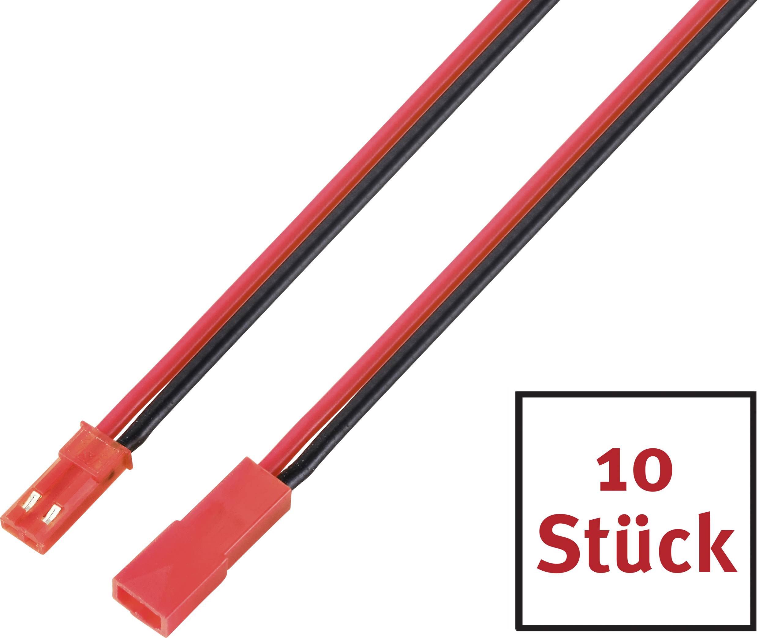 Zwei rote JST-Steckverbinder nebeneinander mit schwarzem Kabel. Text: '10 Stück'.