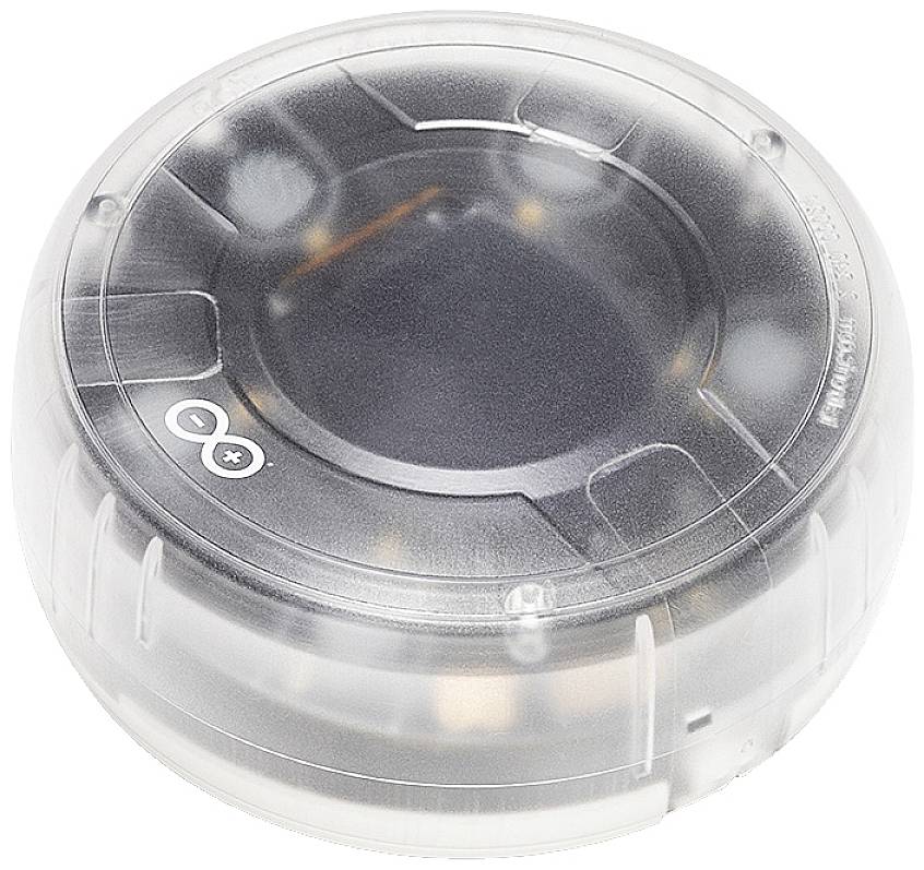 Ein transparentes, rundes Elektronikgerät mit sichtbaren inneren Komponenten. Es könnte ein kabelloser Sensor oder eine Schnittstelle sein.