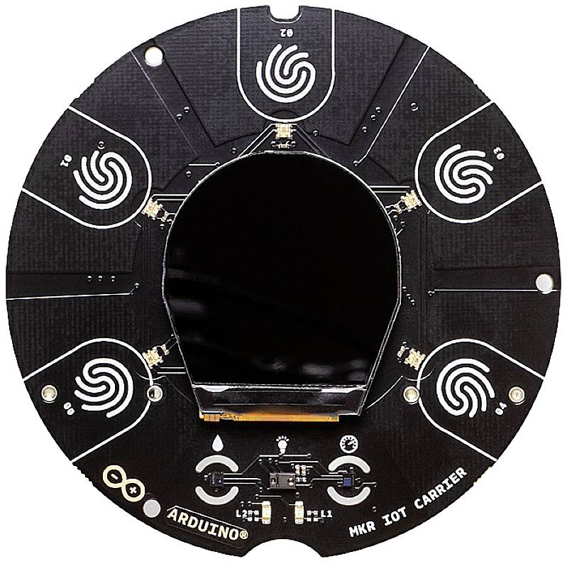 'Rundes Arduino MKR IoT Carrier Board mit mehreren runden Sensoren und Anschlüssen, ideal für IoT-Projekte.'
