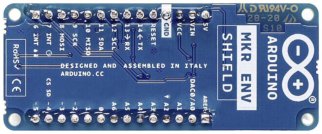 Ein blaues Arduino MKR ENV Shield mit mehreren Pins und der Aufschrift 'Designed and Assembled in Italy'.