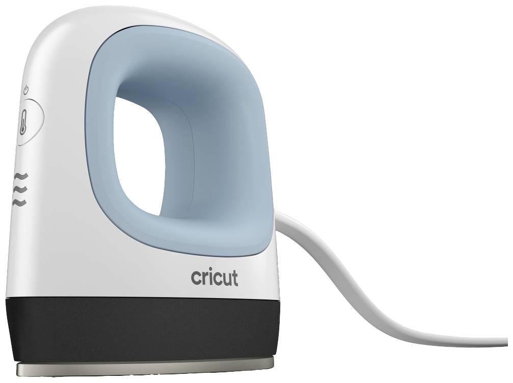 Bügeleisen von Cricut mit blauem Griff und weißem Körper, steht aufrecht; geeignet für Bastel- und Textilprojekte.