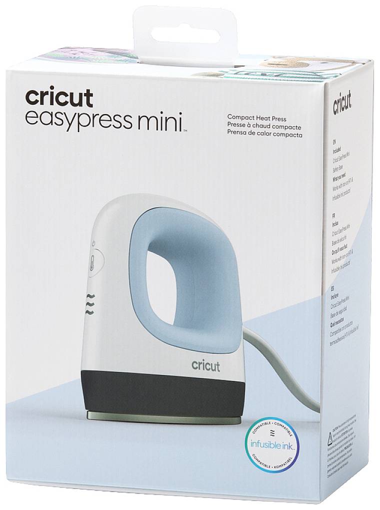 Eine Verpackung der Cricut EasyPress Mini, zeigt ein kompaktes, weißes Bügeleisen mit blauem Griff, geeignet für kleine Projekte.
