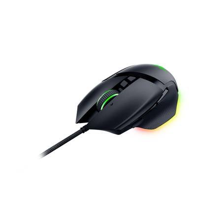 'Schwarze, kabelgebundene Gaming-Maus mit RGB-Beleuchtung und grünem Scrollrad, auf weißem Hintergrund.'