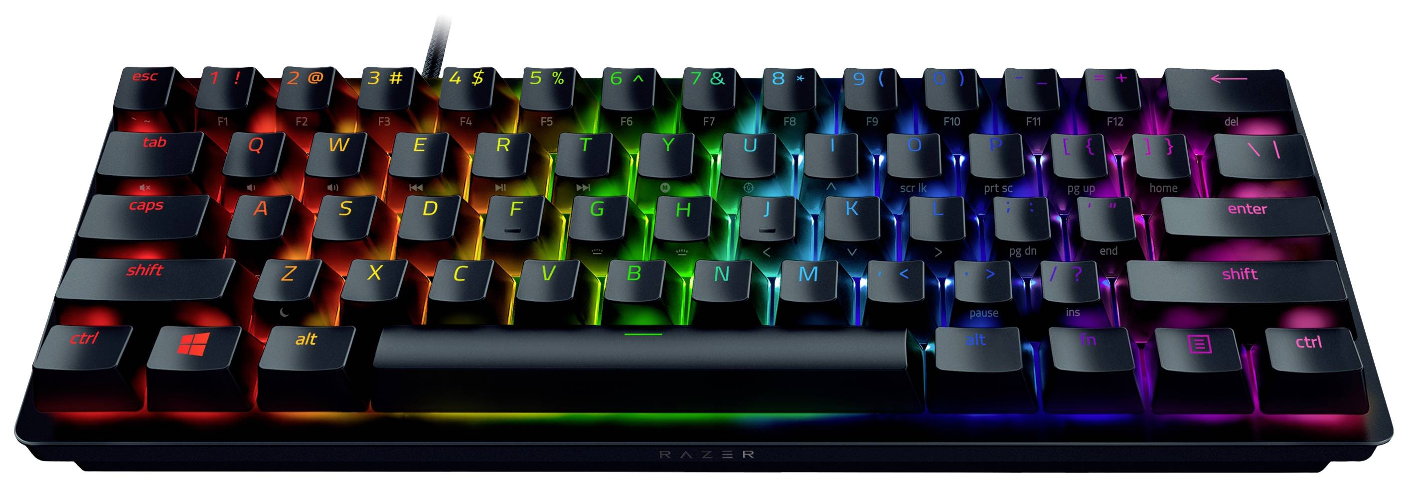 Eine mechanische Tastatur mit RGB-Beleuchtung zeigt leuchtende Farben unter den Tasten, einschließlich Buchstaben und Sonderzeichen.