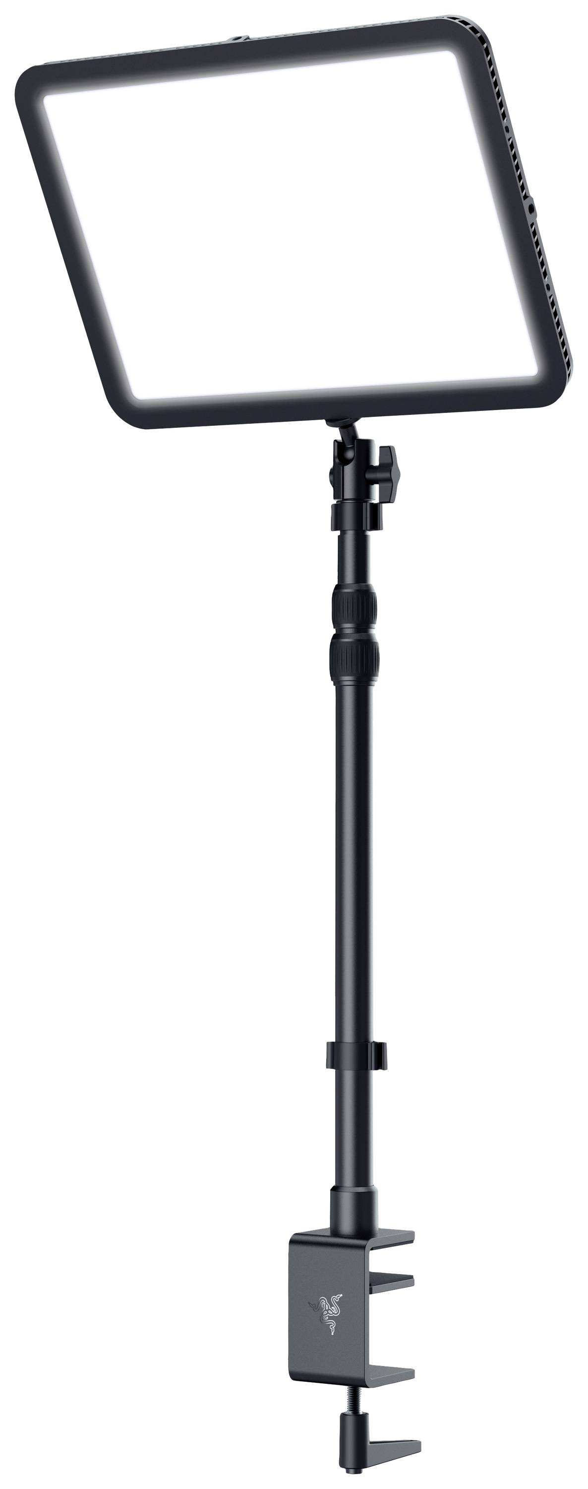 Eine rechteckige LED-Lampe mit einer verstellbaren Halterung und Klemme, geeignet zur Befestigung an Schreibtischen oder Tischen.