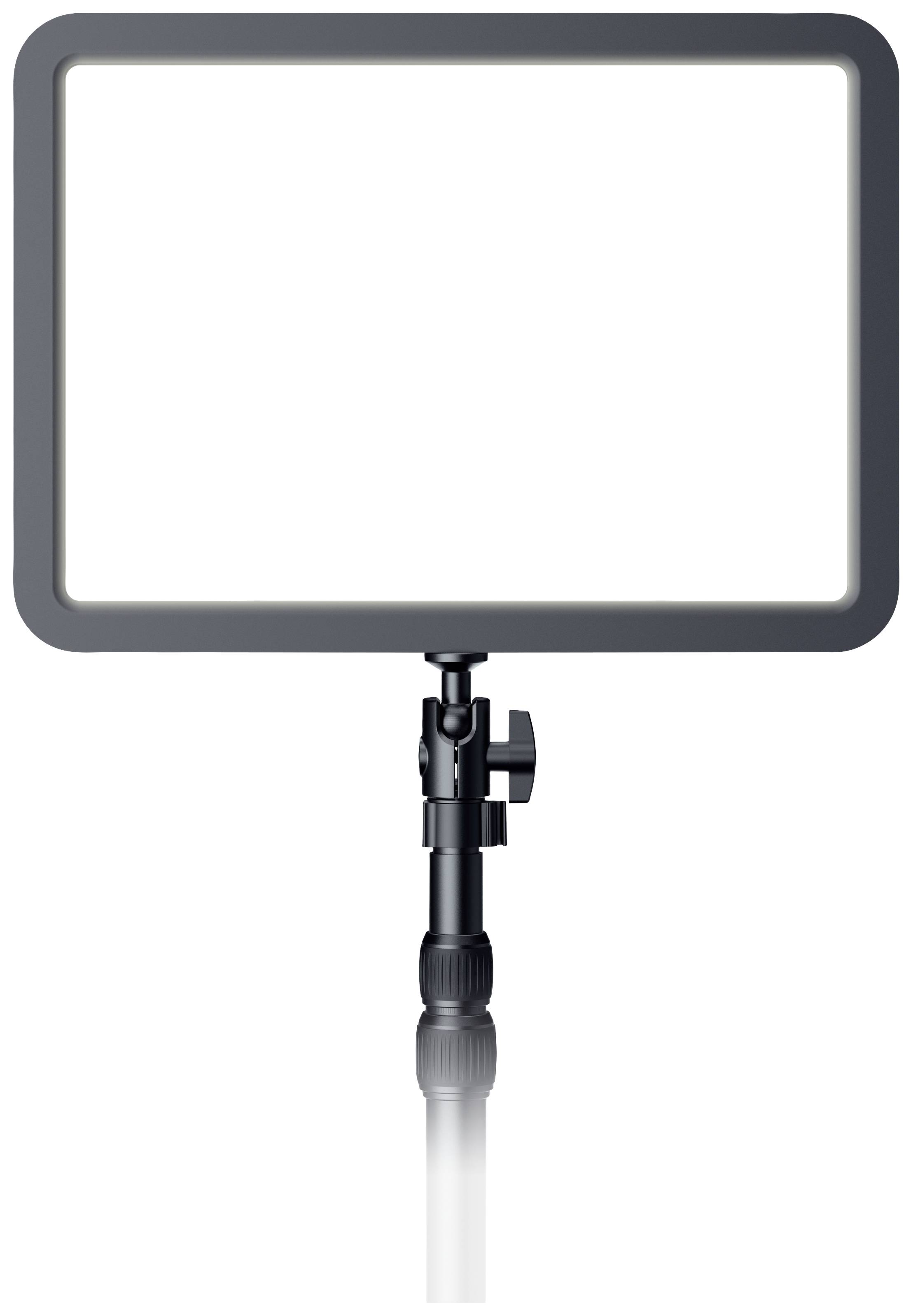 Ein rechteckiges LED-Panel-Licht auf einem verstellbaren Ständer, geeignet für Fotografie oder Videoproduktion.
