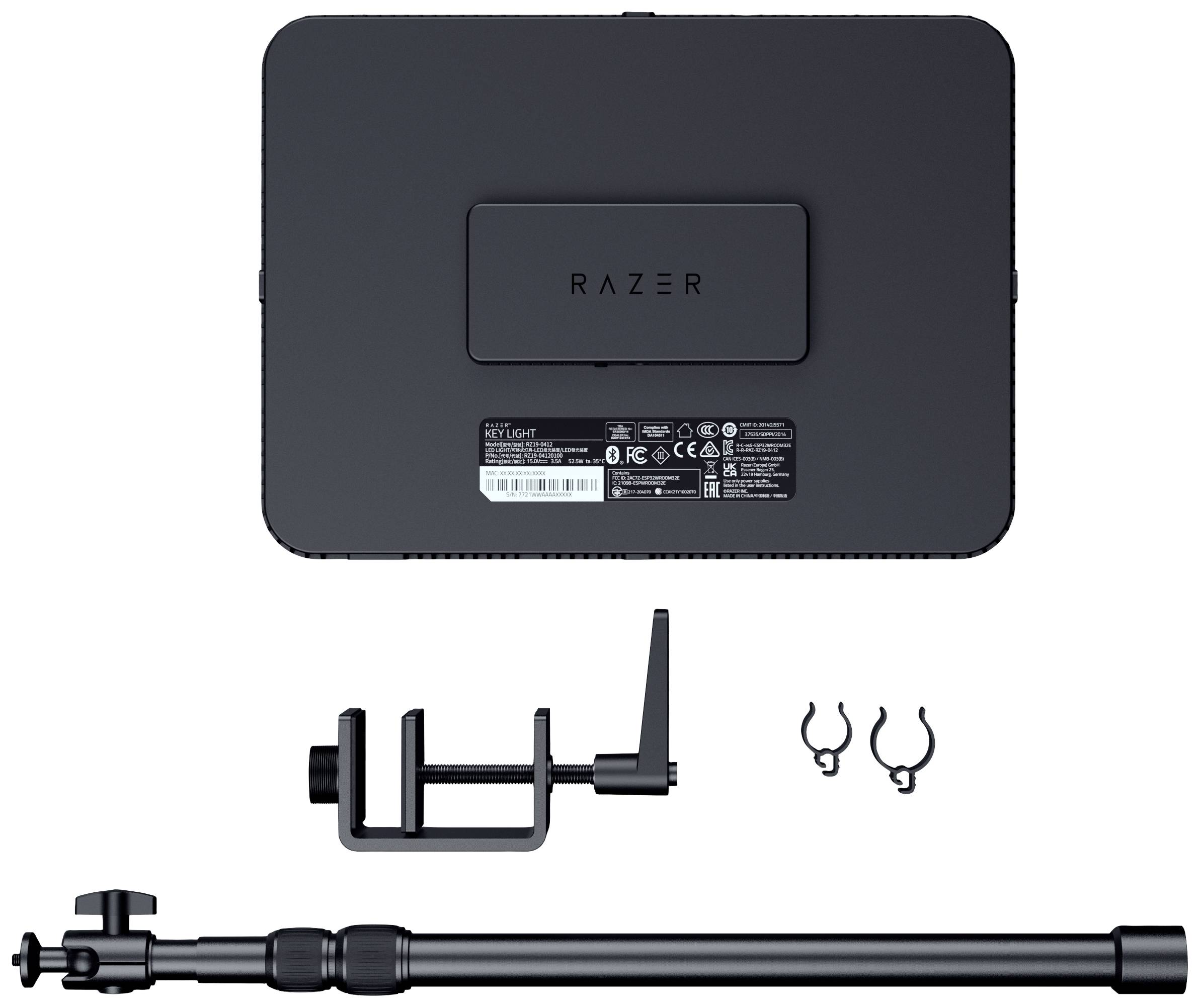 Ein Razer-LED-Licht mit Ständer und Befestigungszubehör. Perfekt für Beleuchtungszwecke bei virtuellen Meetings oder Streaming.