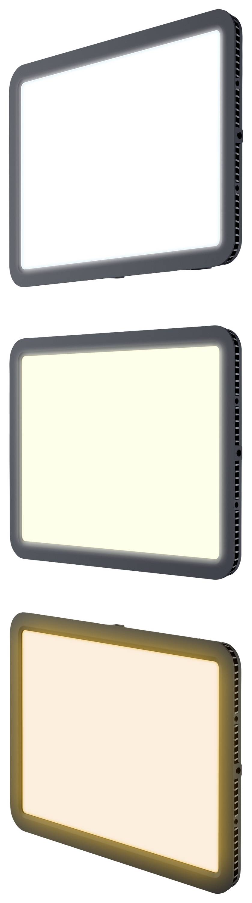 Drei rechteckige LED-Leuchten in verschiedenen Farbtönen: oben weiß, in der Mitte warmweiß, unten orange.