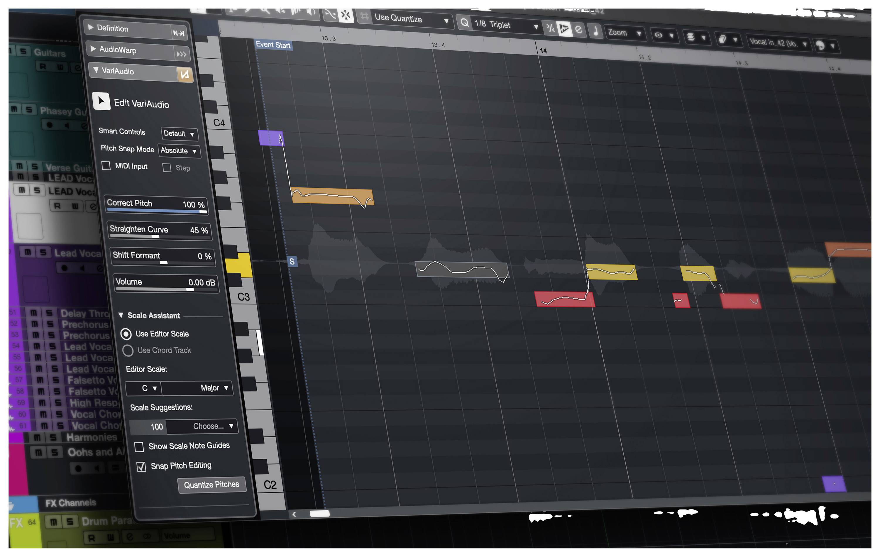 Ein Bildschirmfoto von Musikbearbeitungssoftware mit mehreren Spuren in verschiedenen Farben auf einer Zeitleiste.