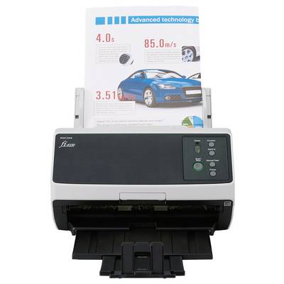 Ein Dokumentenscanner mit offener Papierkassette und digitales Display, bereit zum Scannen von Dokumenten.