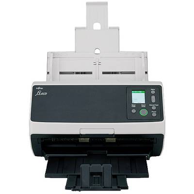 Ein Dokumentenscanner mit offenem Papierfach. Auf der Vorderseite befinden sich Tasten und ein kleines Display.