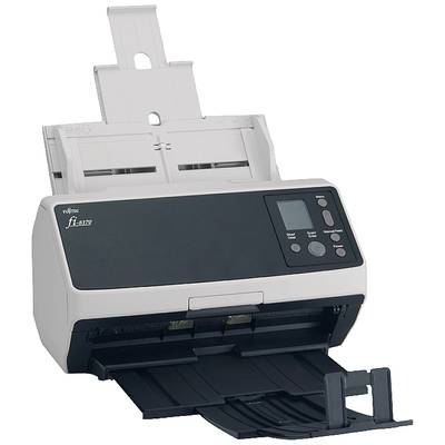 Ein weißer Dokumentenscanner mit schwarzer Front und offenem Papierfach, geeignet zum Scannen von Papierdokumenten in Bürosettings.