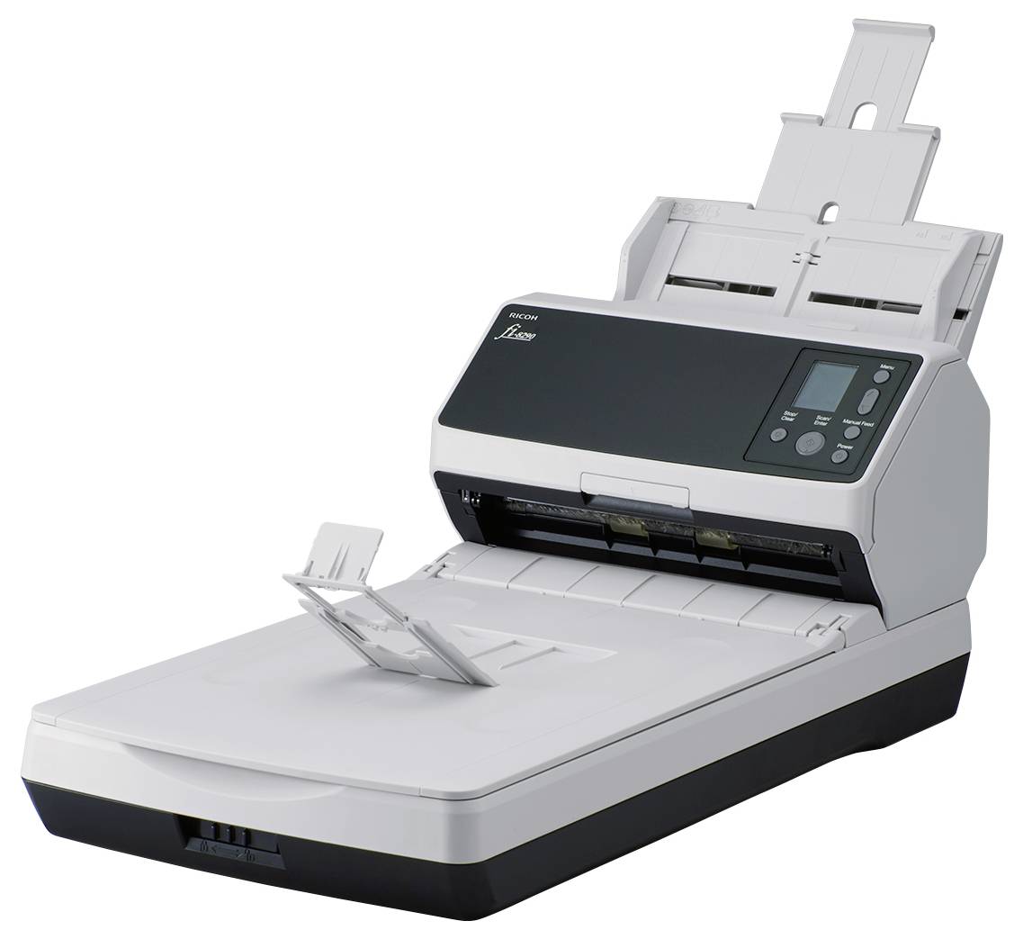 Ein Flachbettscanner mit erhöhtem Dokumenteneinzug, digitaler Anzeige und Steuertasten, entwickelt zum Scannen mehrerer Seiten gleichzeitig.