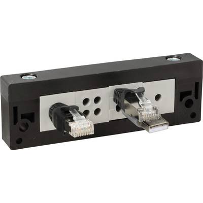 Ein schwarzer Adapter mit zwei Netzwerkanschlüssen, an denen Ethernet-Stecker angeschlossen sind. Der Adapter liegt auf einer weißen Oberfläche.
