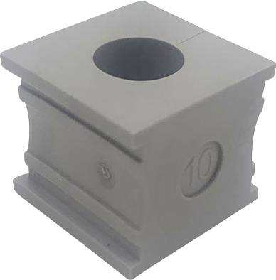 Ein grauer, hohler Würfelblock mit der Zahl '10' an der Seite.