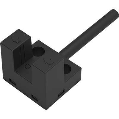 Schwarzes L-förmiges Kunststoffteil mit zwei Löchern, einem langen Stiel und erhabenen Symbolen vorne; möglicherweise ein technisches Bauteil.