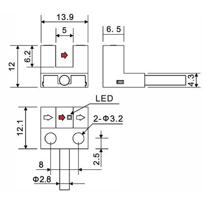Technische Zeichnung eines elektronischen Bauteils mit Maßen. Pfeile zeigen Richtungen und LED-Positionen an. Maßeinheiten in Millimetern.