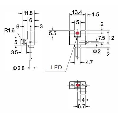 Technische Zeichnung eines LED-Typen mit Abmessungen in Millimetern. Details zeigen Positionen der LEDs und Montagepunkte.