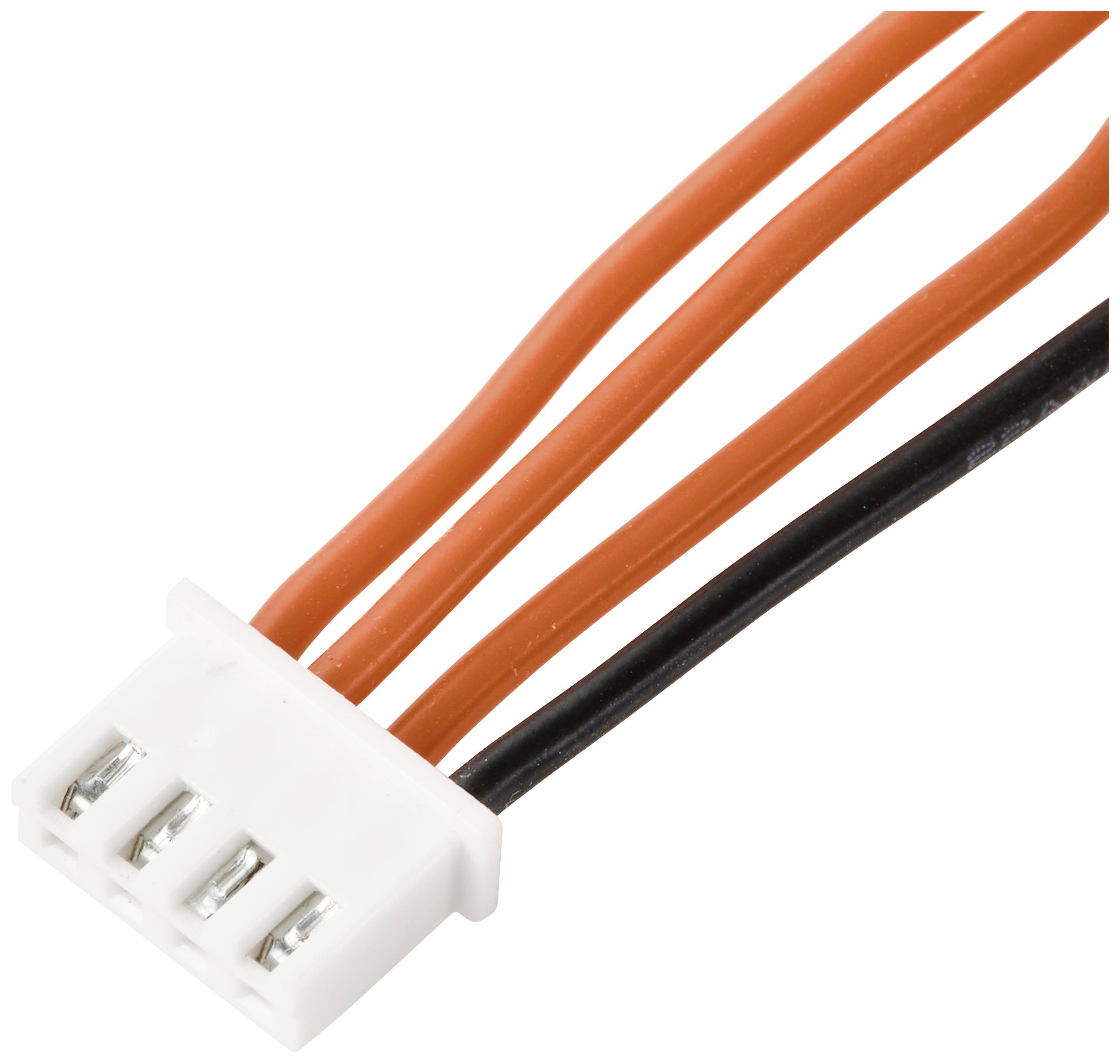 Nahaufnahme eines weißen Steckverbinders mit drei orangefarbenen und einem schwarzen Kabel, die für elektrische Verbindungen verwendet werden.