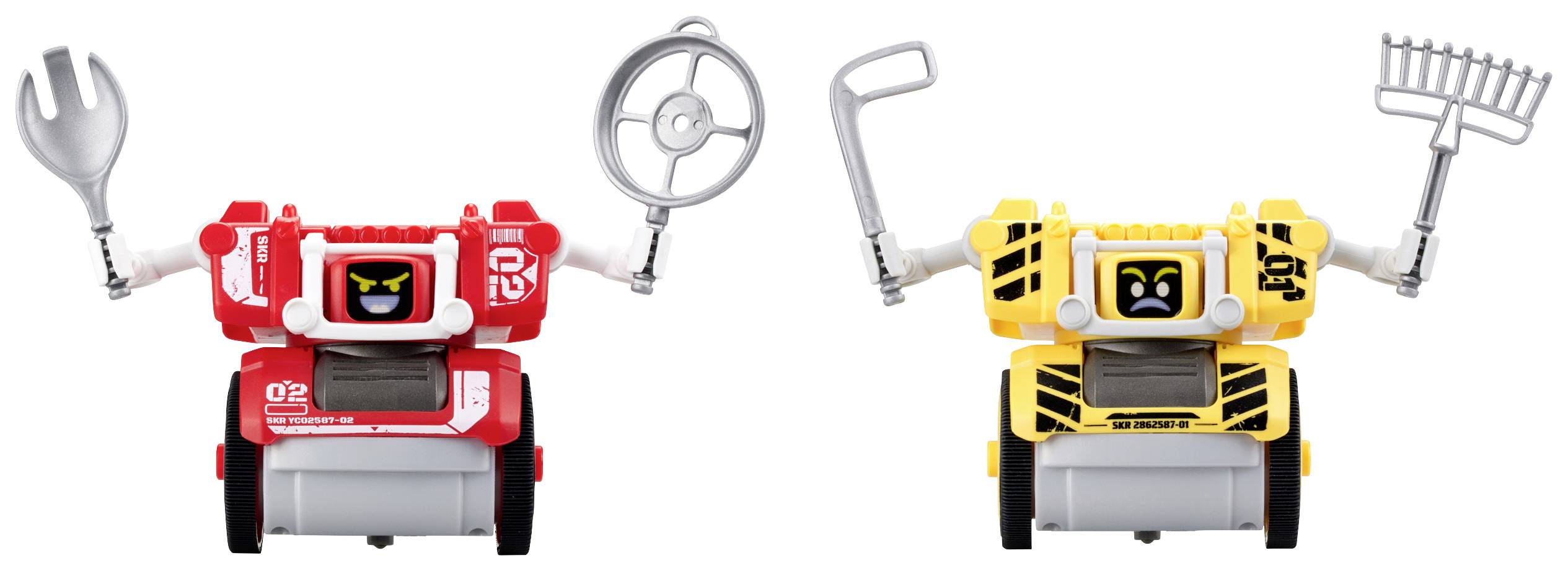 Zwei kleine Roboter in Rot und Gelb mit ausdrucksstarken Gesichtern. Der rote hält einen Löffel, der gelbe eine Harke.