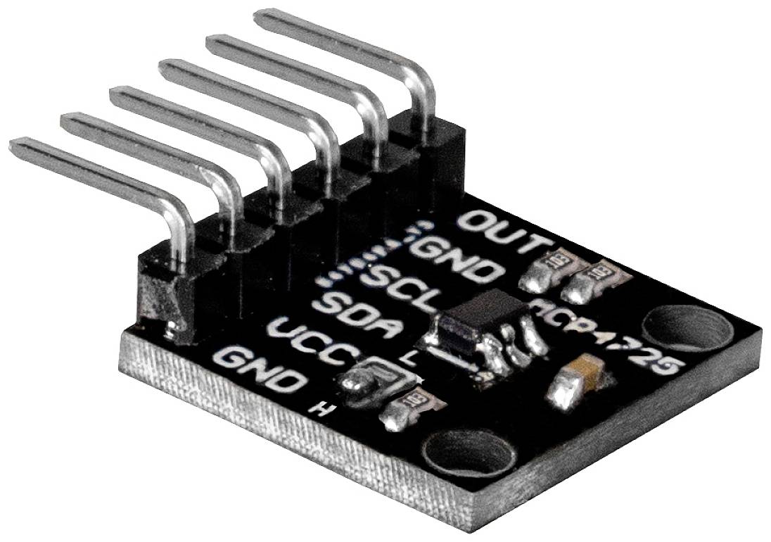 Ein Lichtsensor-Modul mit sechs Stiften, die mit 'OUT', 'GND', 'SCL', 'SDA', 'VCC', 'GND' beschriftet sind, auf schwarzer Platine.