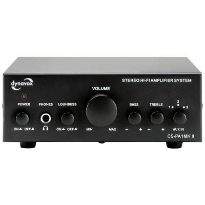 Kompakter schwarzer Stereo-Hi-Fi-Verstärker mit Lautstärkeregler, Bass- und Höhenregulierung, Kopfhöreranschluss und mehreren Eingängen.