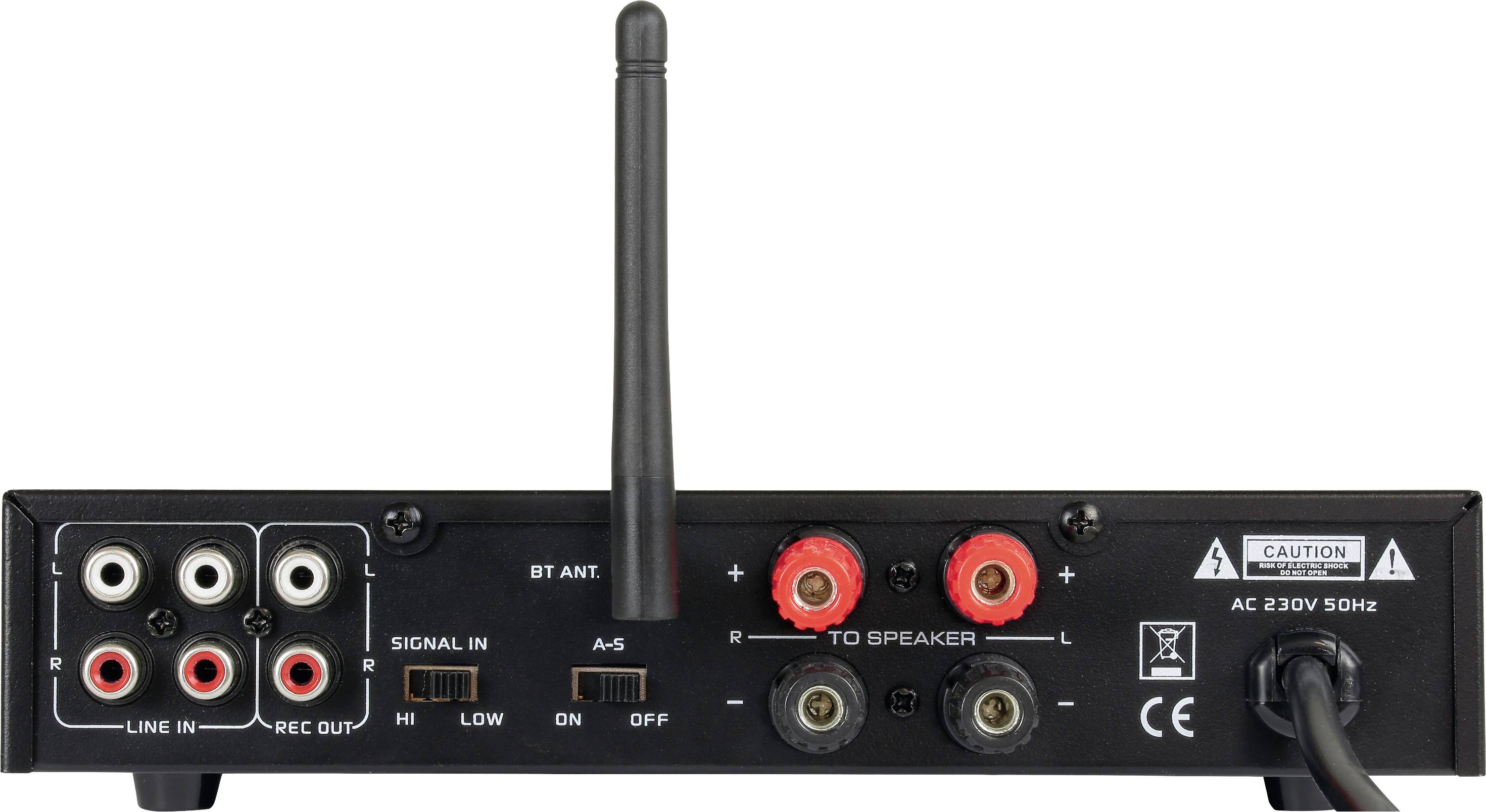 Rückseite eines Audioverstärkers mit Anschlüssen: Line-In, Aufnahme-Ausgang, Lautsprecherklemmen, Bluetooth-Antenne und Stromanschluss.