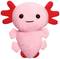 Ein rosa Plüsch-Axolotl mit roten Kiemen und schwarzen Augen, das freundlich lächelt.