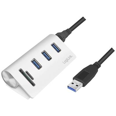 USB-Hub mit drei USB 3.0-Anschlüssen und einem Kartenleser. Daneben ein Netzkabel USB 3.0. Gerät ist silberfarben mit 'LogiLink'-Aufschrift.