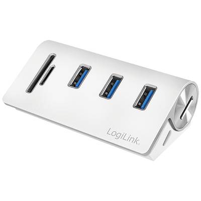 USB-3.0-Hub von LogiLink in Silber mit drei blauen USB-Anschlüssen und einem SD-Kartensteckplatz, angewinkelt auf weißem Hintergrund.